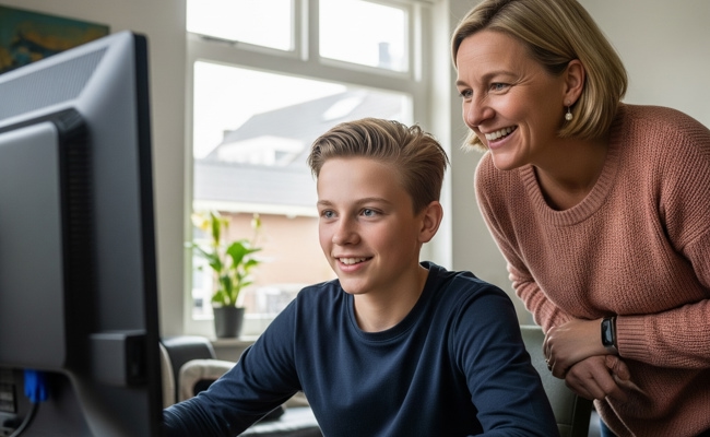 Zoon en moeder lachend kijkend naar computer