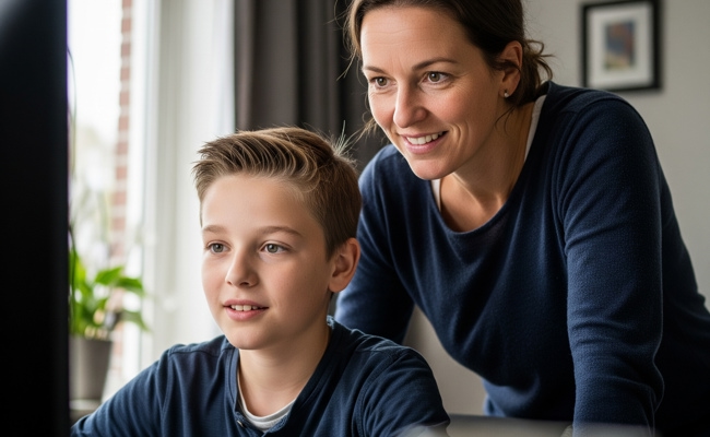 Zoon en moeder kijkend naar computer