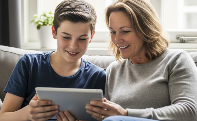 Zoon en moeder die inschrijfformulier invullen op tablet