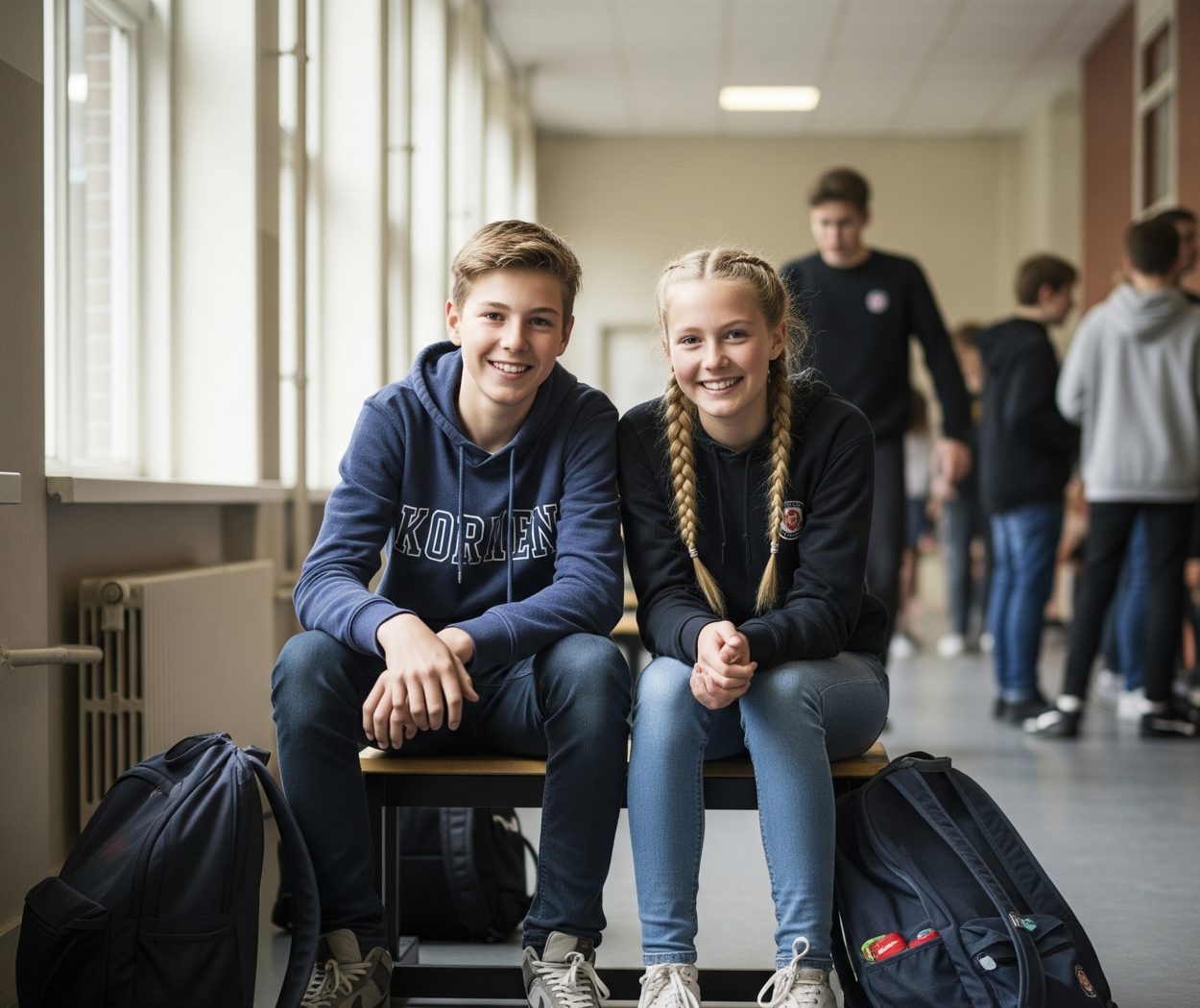 Twee scholieren zittend op bankje in schoolomgeving