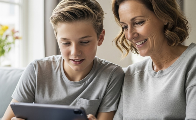 Zoon en moeder kijken naar een tablet
