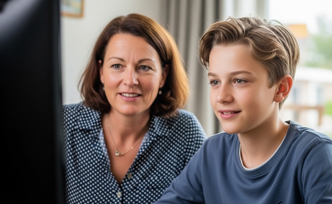 Zoon en moeder vullen formulier in op de computer