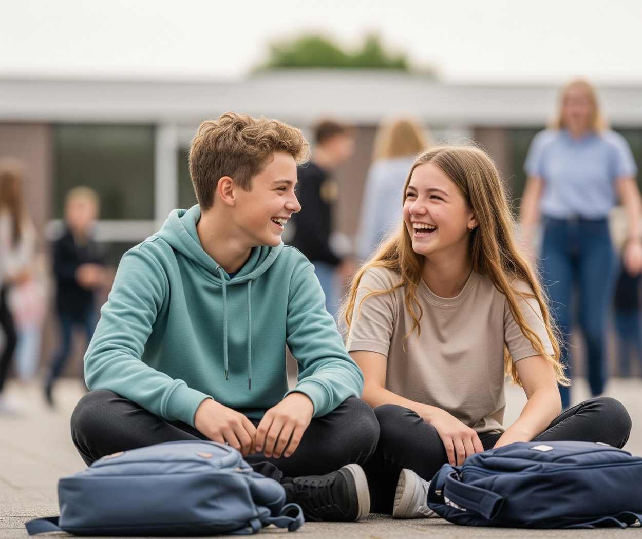 Scholieren in gezellig gesprek op het schoolplein