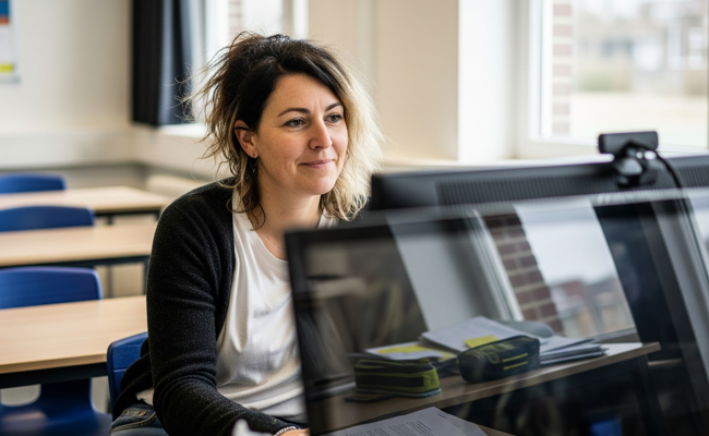 Lerares achter computer in klaslokaal