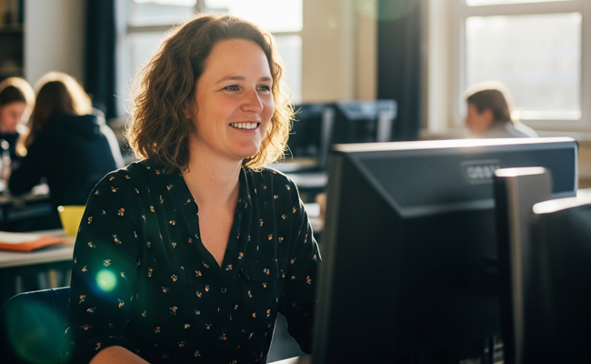 Ouder in klaslokaal achter computer