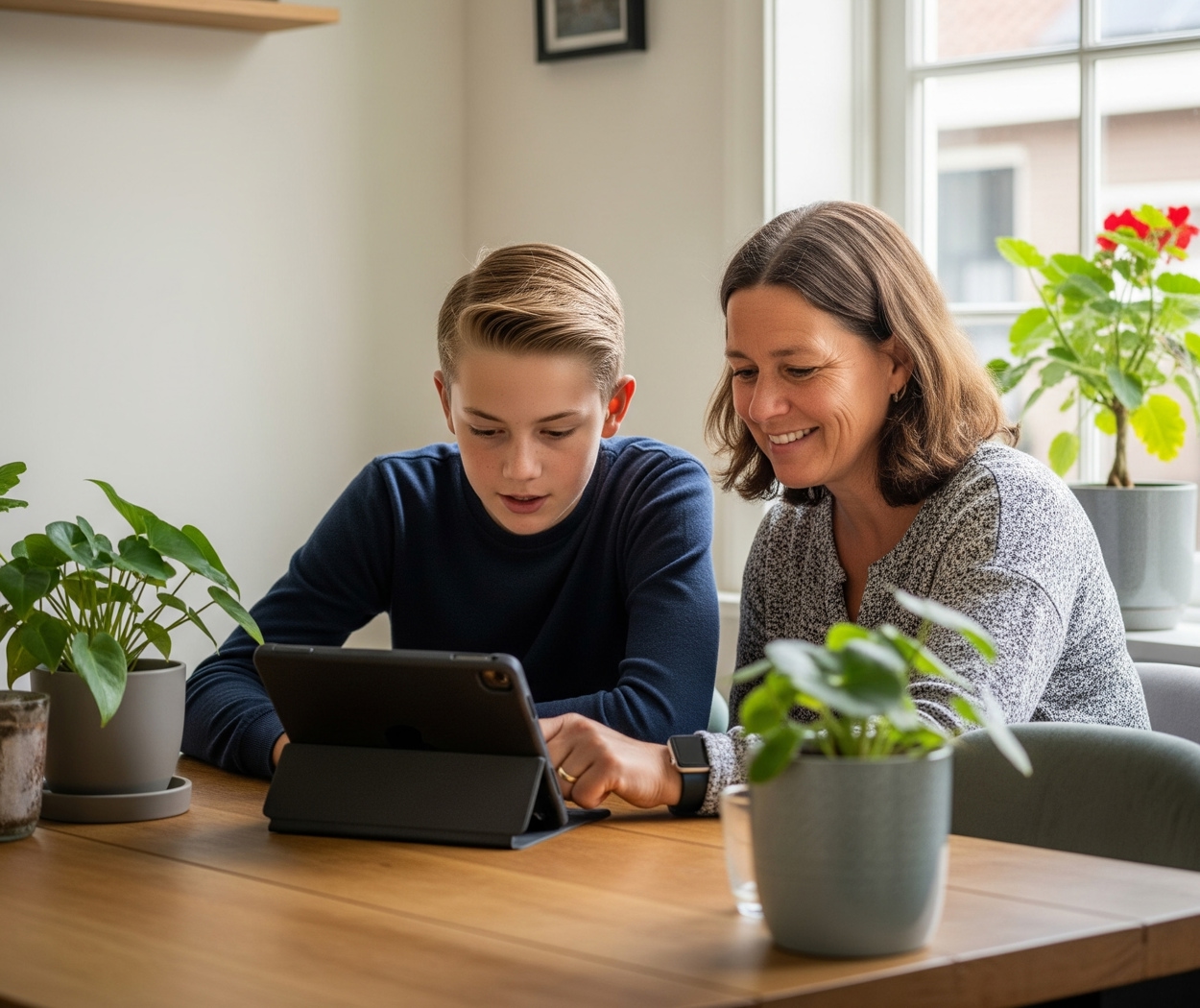 Zoon en moeder vullen een formulier in op een tablet