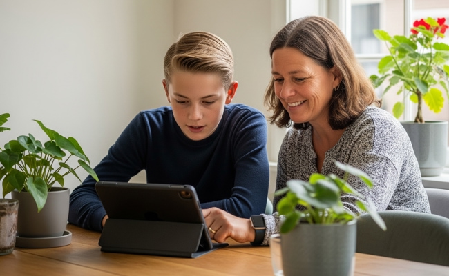 Zoon en moeder vullen een formulier in op een tablet