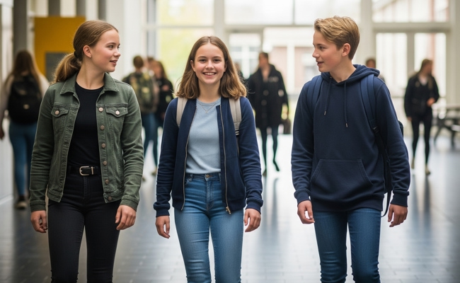 Scholieren lopend in de aula